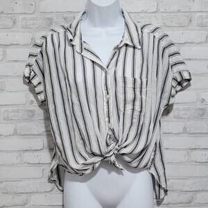 American Eagle Linen Like Tie Front Button Blouse Striped Womens X Small